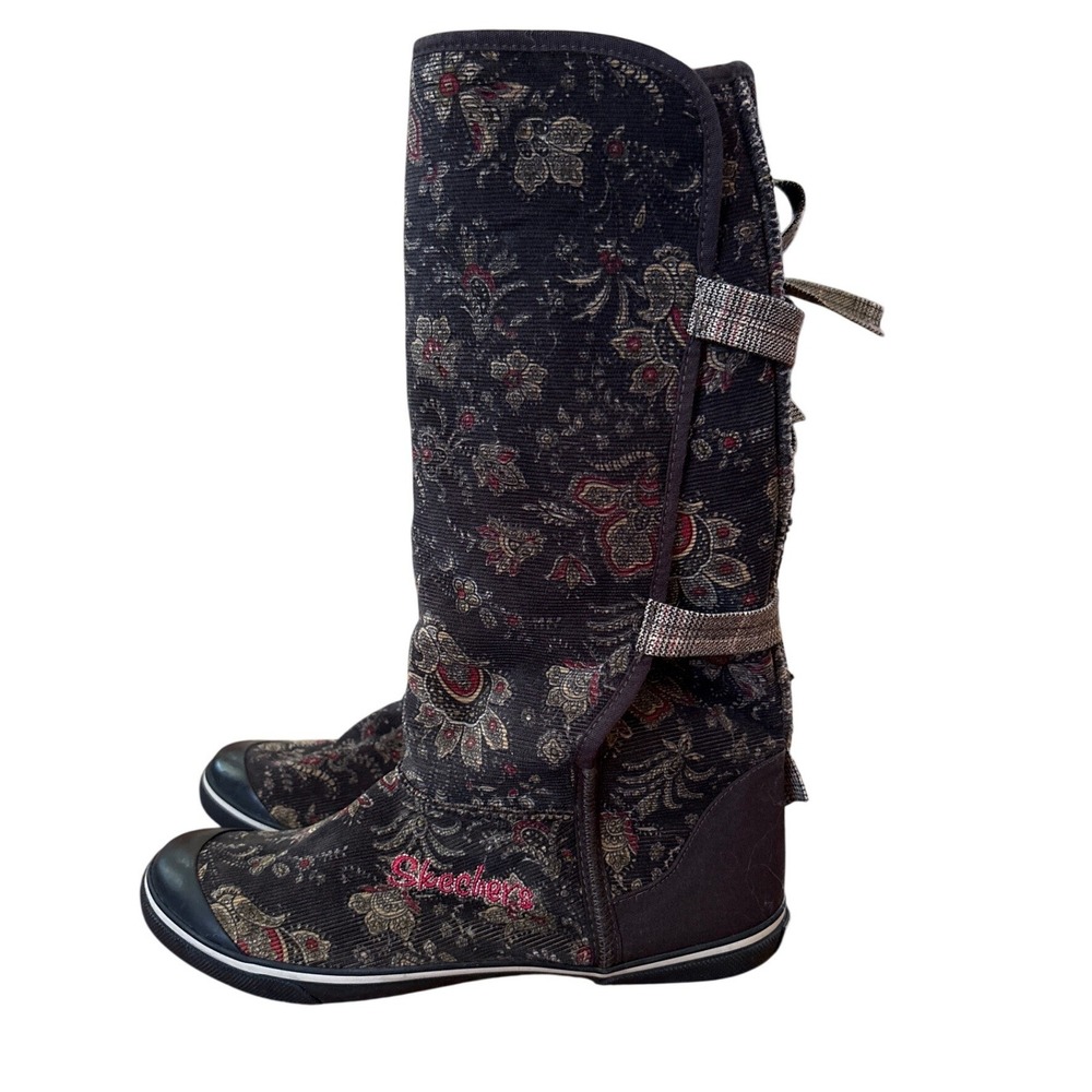 Skechers Tall Boots Women Black Floral Tapestry Corduroy Boho SIZE 9.5